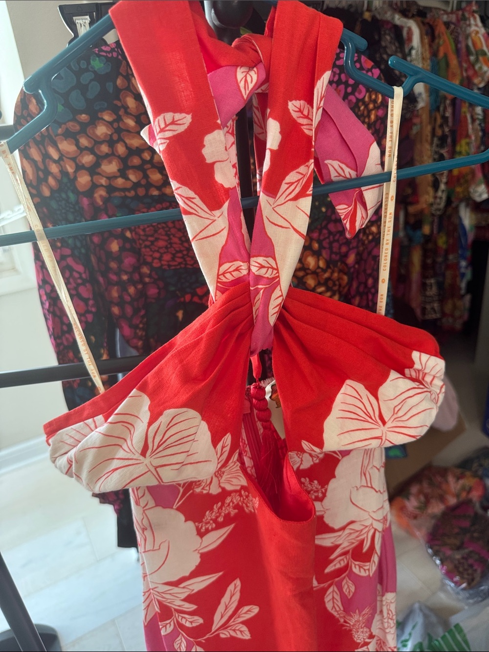 FARM Rio Red & White Backless Floral Halter Dress - Picture 3 of 11